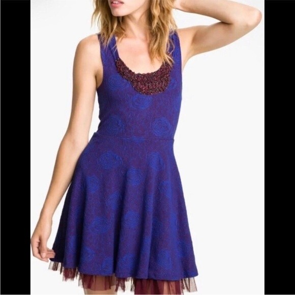 Free People Dresses & Skirts - Free People Beaded Sleeveless Tulle Floral Midnight Glimmer Skater Dress Medium